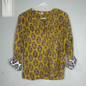 Anokhi block print floral pintuck blouse top popover size medium